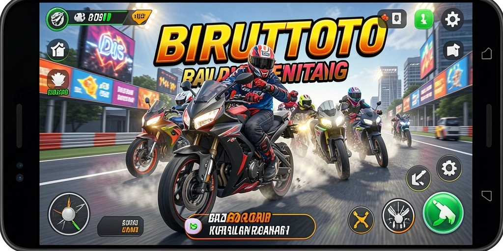 Screenshot BIRUTOTO menampilkan aksi balap motor yang mendebarkan.