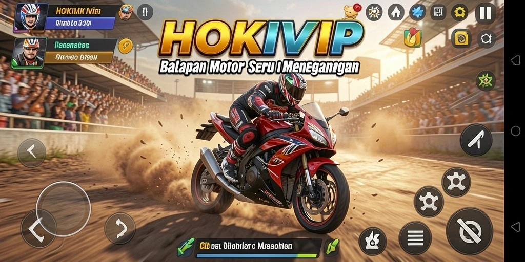 Tampilan gameplay HOKIVIP dengan balapan motor yang cepat dan mendebarkan.