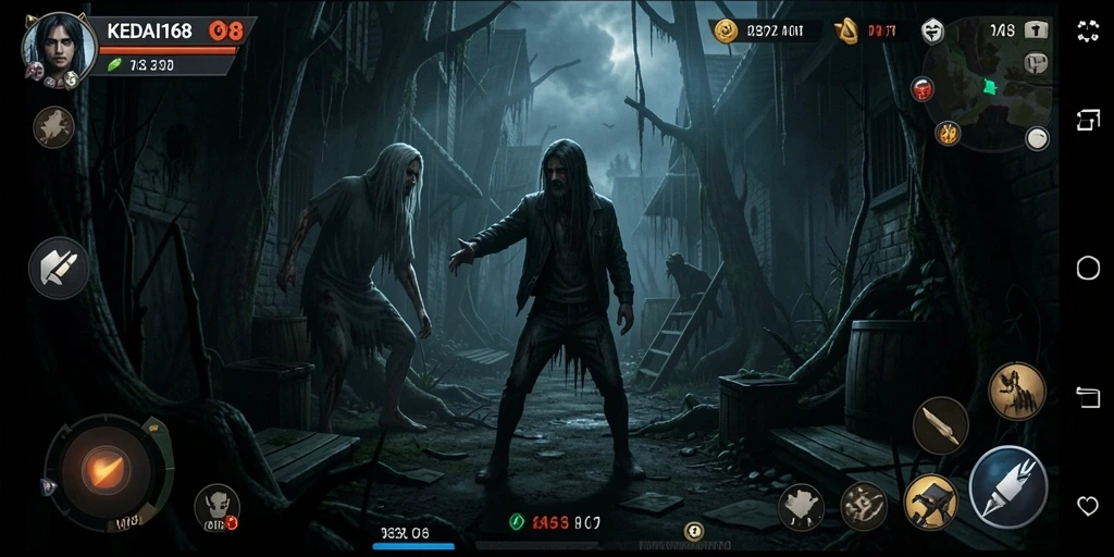 Tangkapan layar KEDAI168 menunjukkan suasana menyeramkan dan gameplay yang menegangkan.