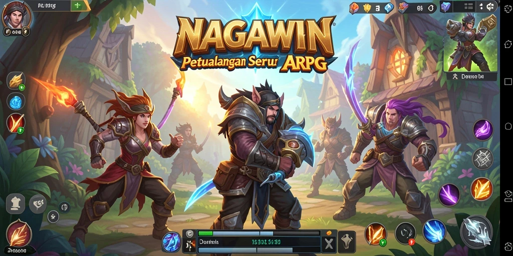 Tangkapan layar gameplay NAGAWIN menampilkan pertarungan seru di dunia fantasi.